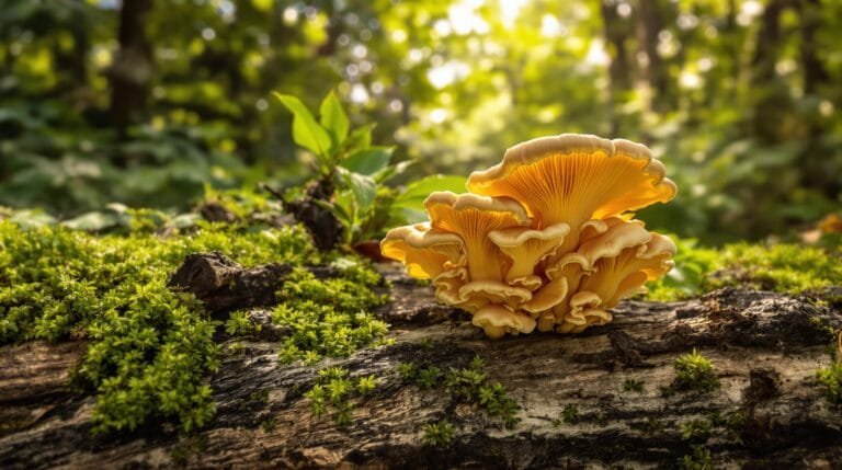 Gros plan sur des chanterelles poussant sur une bûche moussue dans une forêt ensoleillée.