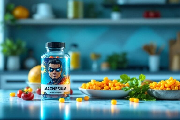 Bouteille de compléments alimentaires Magnésium avec un superhéros