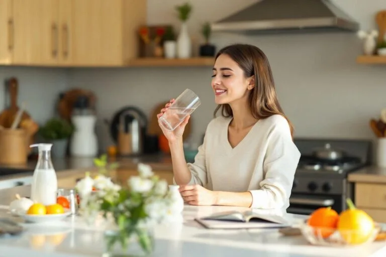 Femme souriante buvant un verre d'eau dans la cuisine