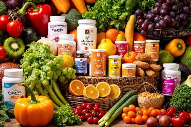 Variété de fruits, légumes et compléments alimentaires riches en vitamines