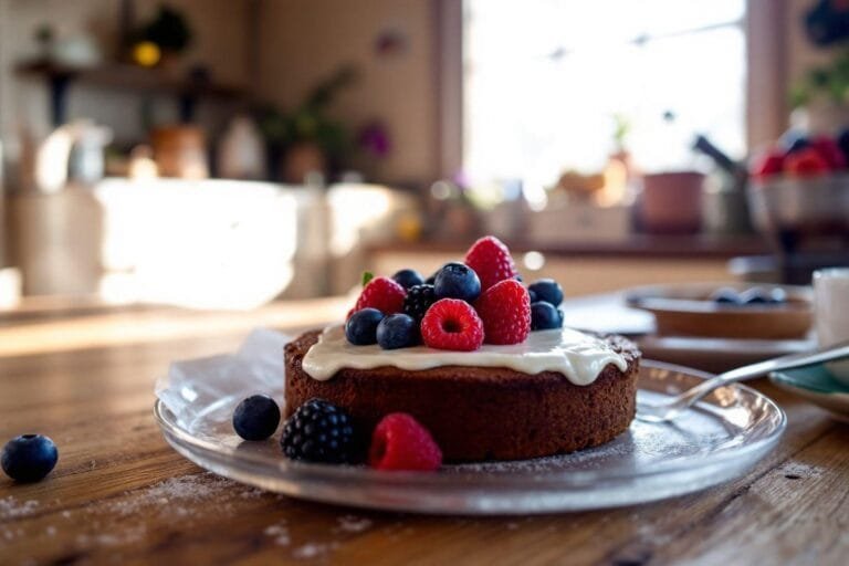 Gâteau au chocolat garni de framboises, myrtilles et mûres fraîchement cueillies