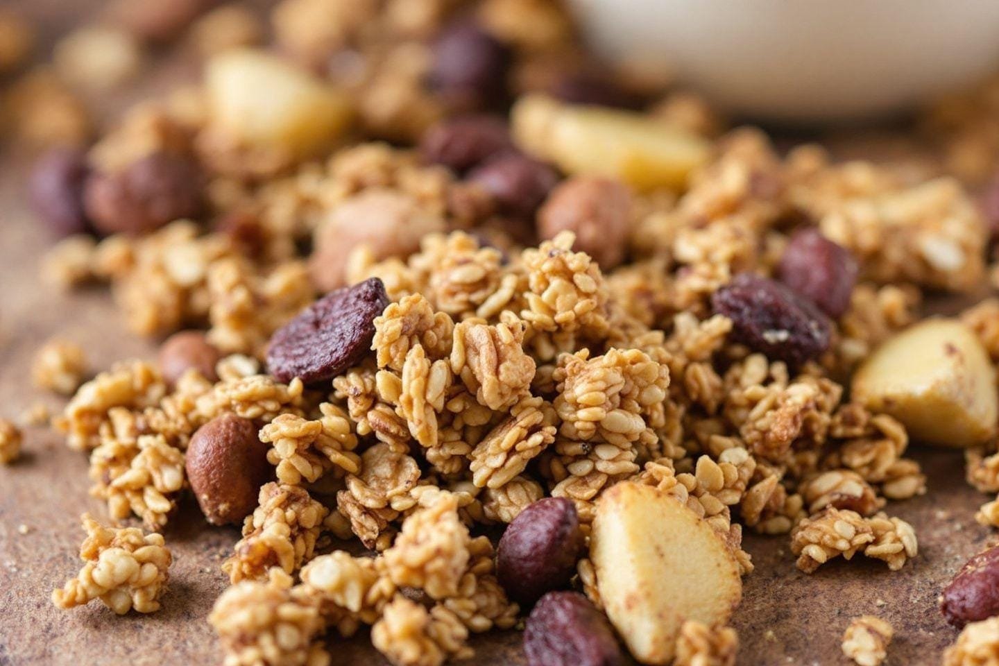Gros plan sur un mélange de granola, de flocons d'avoine et de morceaux de fruits.