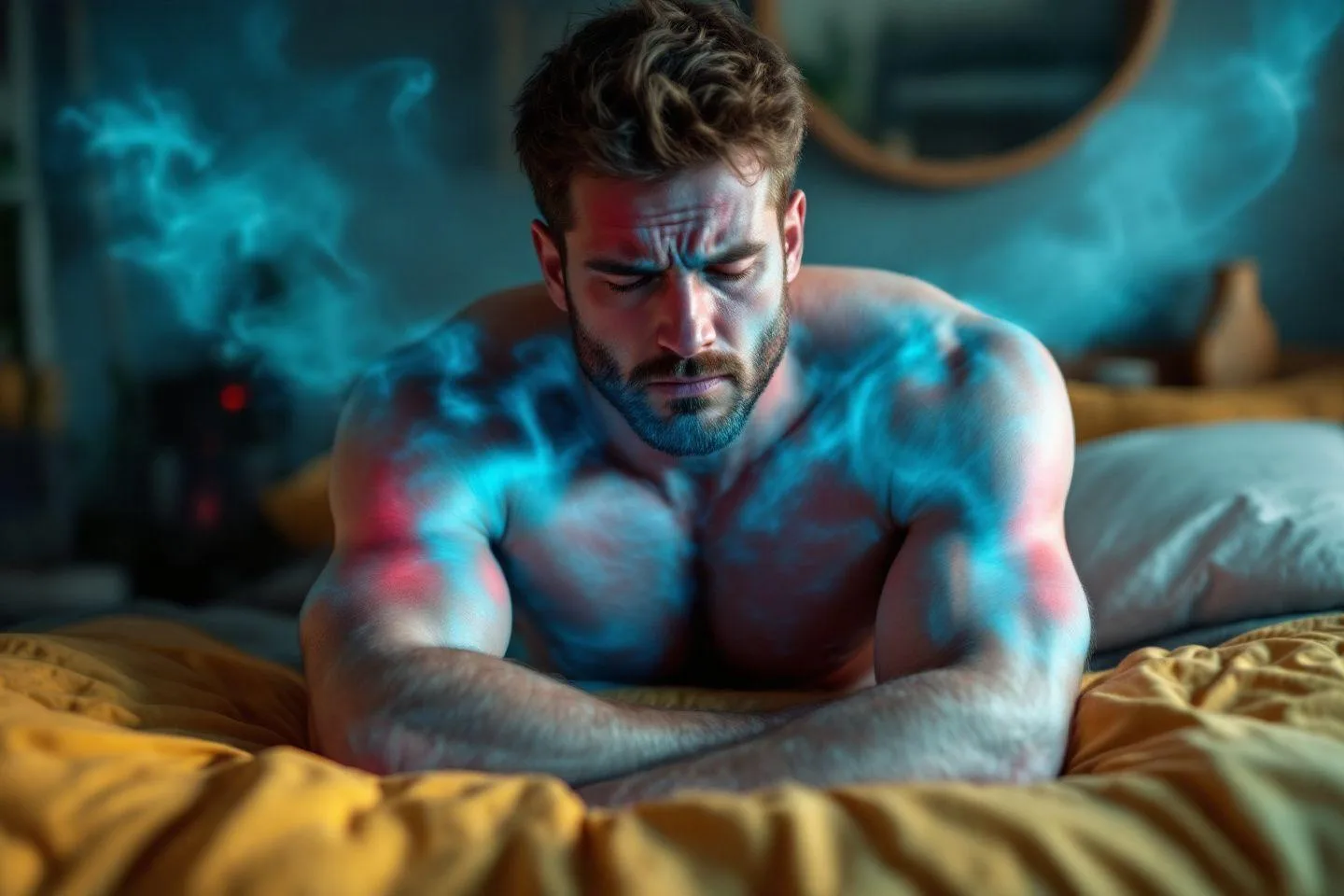 Un homme musclé solitaire dans une pièce sombre et enfumée