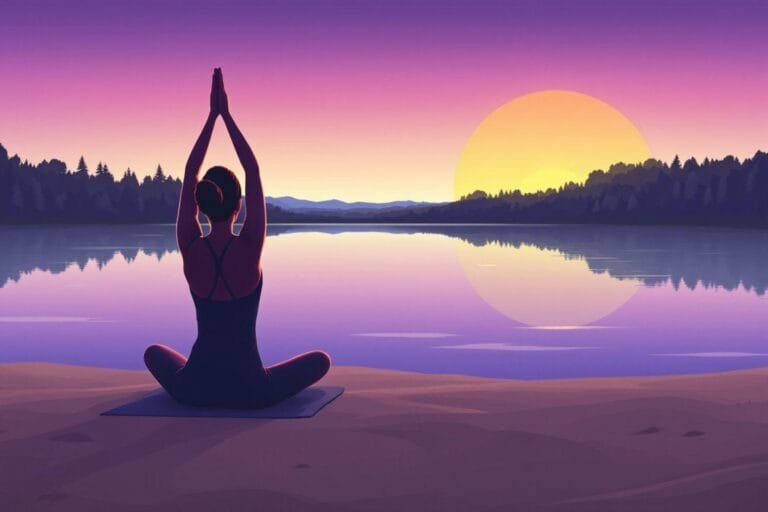 Silhouette d'une personne en position de méditation devant un lac et un coucher de soleil