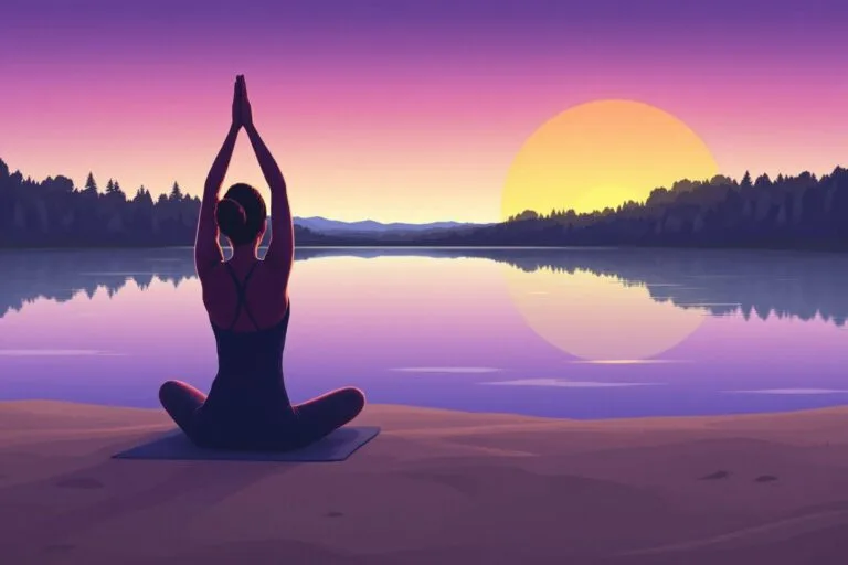 Silhouette d'une personne en position de méditation devant un lac et un coucher de soleil