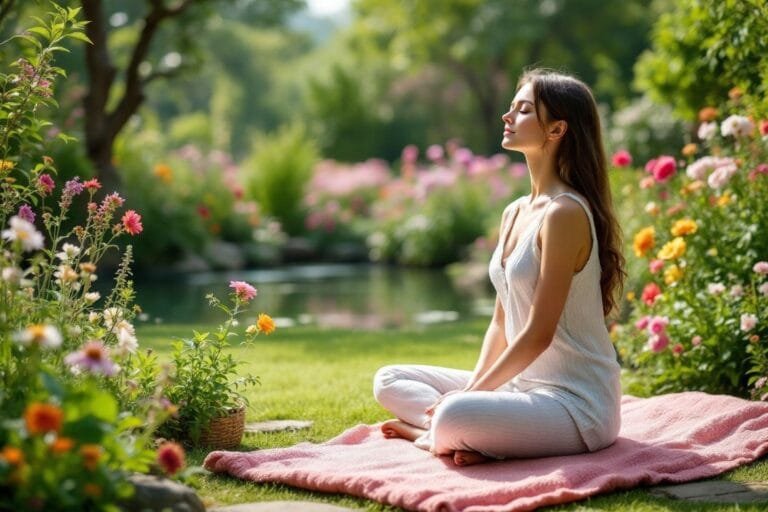 Femme assise en position de méditation dans un beau jardin verdoyant
