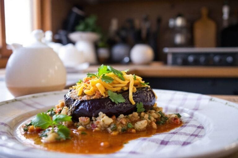 Plat de moussaka d'aubergine garni de légumes et d'épices.