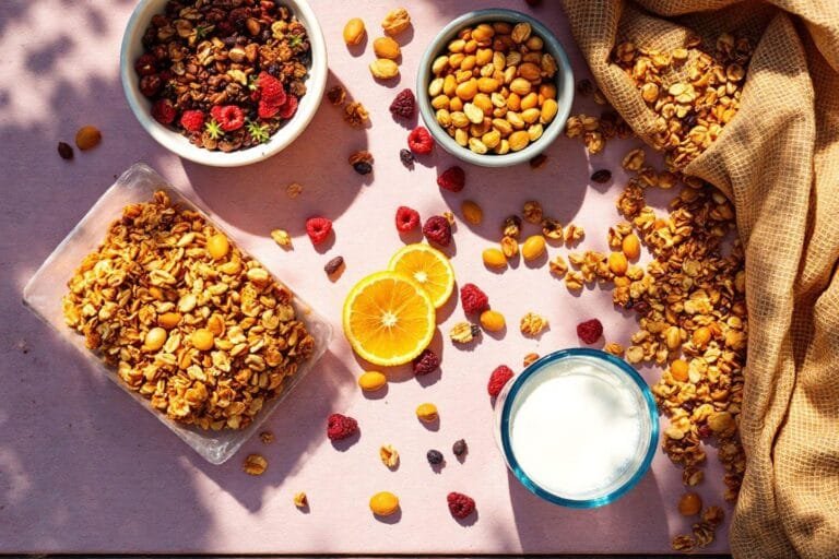 Granola, fruits secs, jus d'orange, yaourt dans un arrangement gourmand