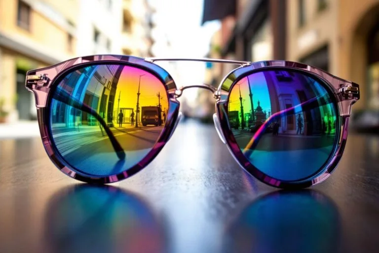 Lunettes de soleil avec des lentilles reflétant un paysage urbain coloré