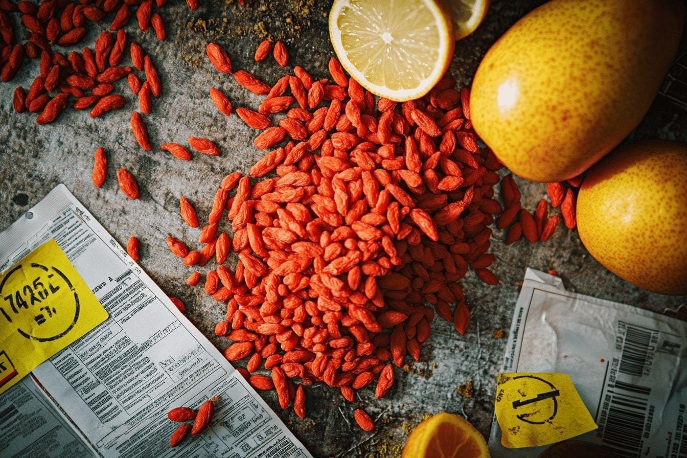 Baies de goji rouges dispersées avec des citrons frais