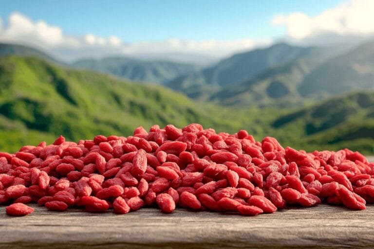 Tas de baies de Goji rouges sur une surface en bois