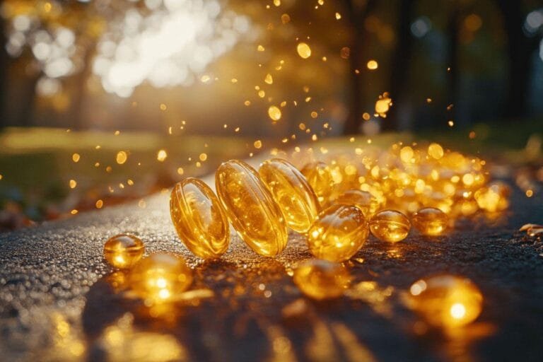 Capsules brillantes dispersées sur un sol scintillant