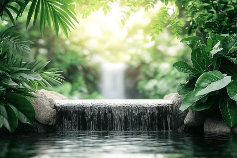 Chute d'eau paisible entourée de feuilles tropicales luxuriantes