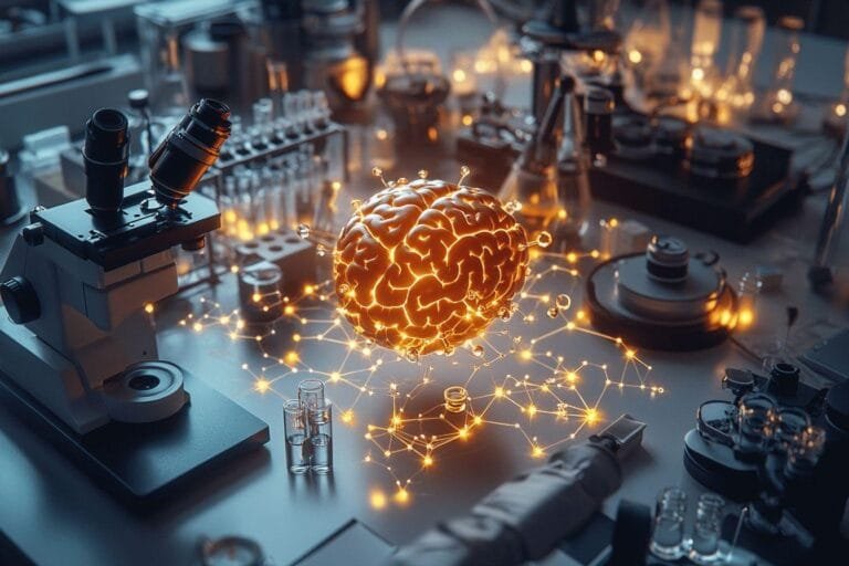 Représentation lumineuse d'un cerveau connecté dans un environnement scientifique
