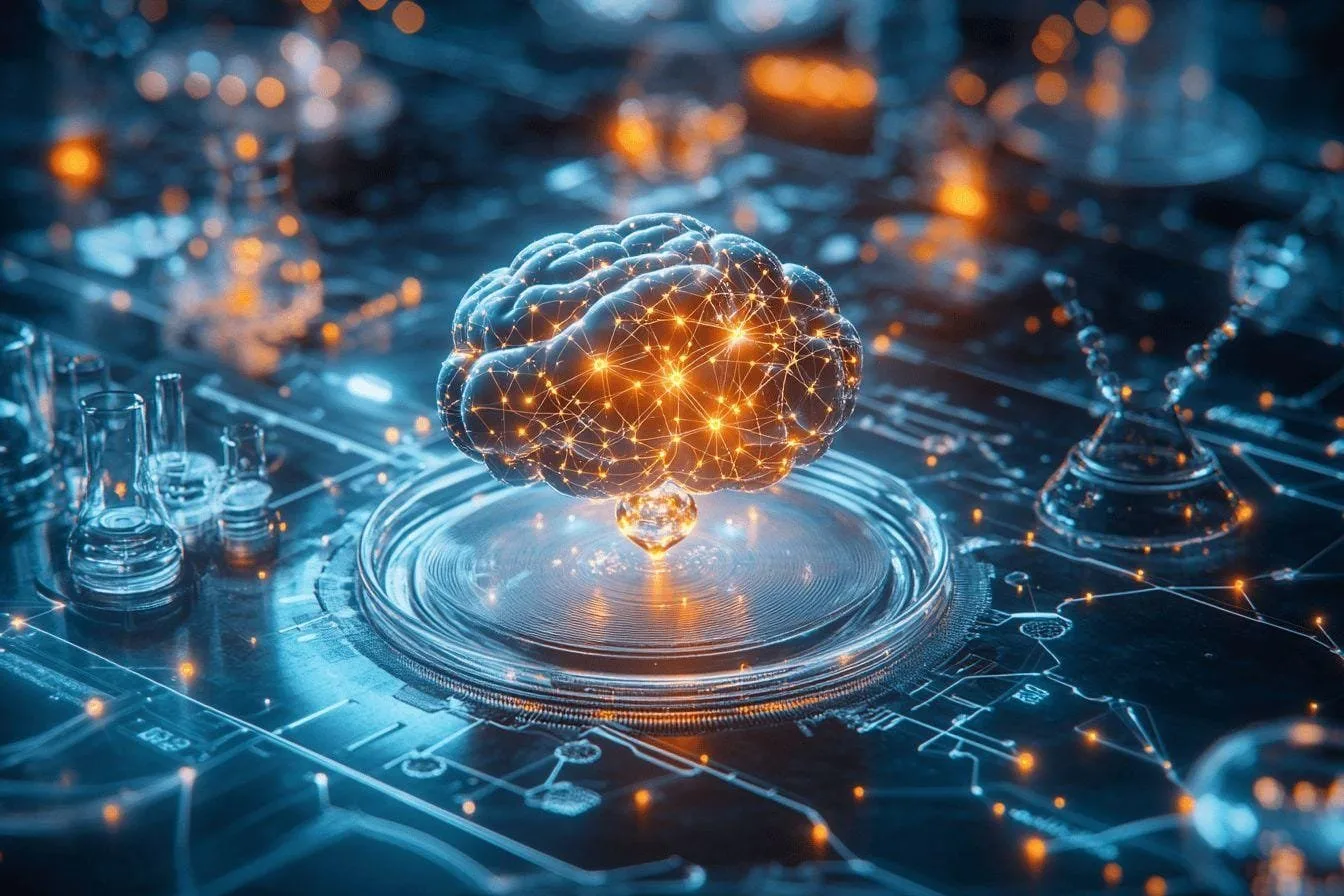 Représentation numérique d'un cerveau lumineux sur socle technique
