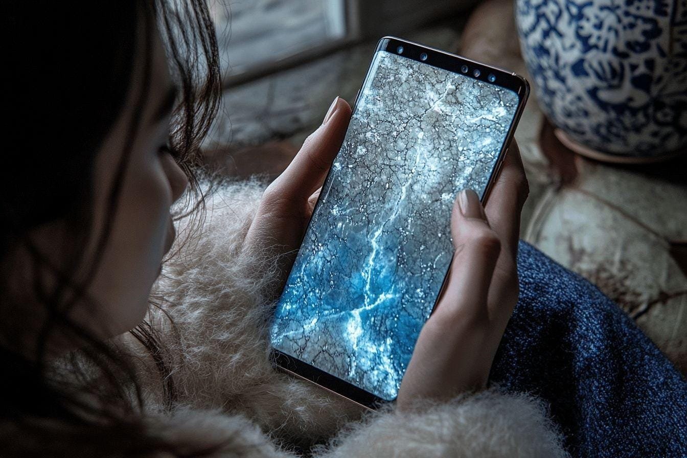Main tenant un smartphone avec un écran bleu givré