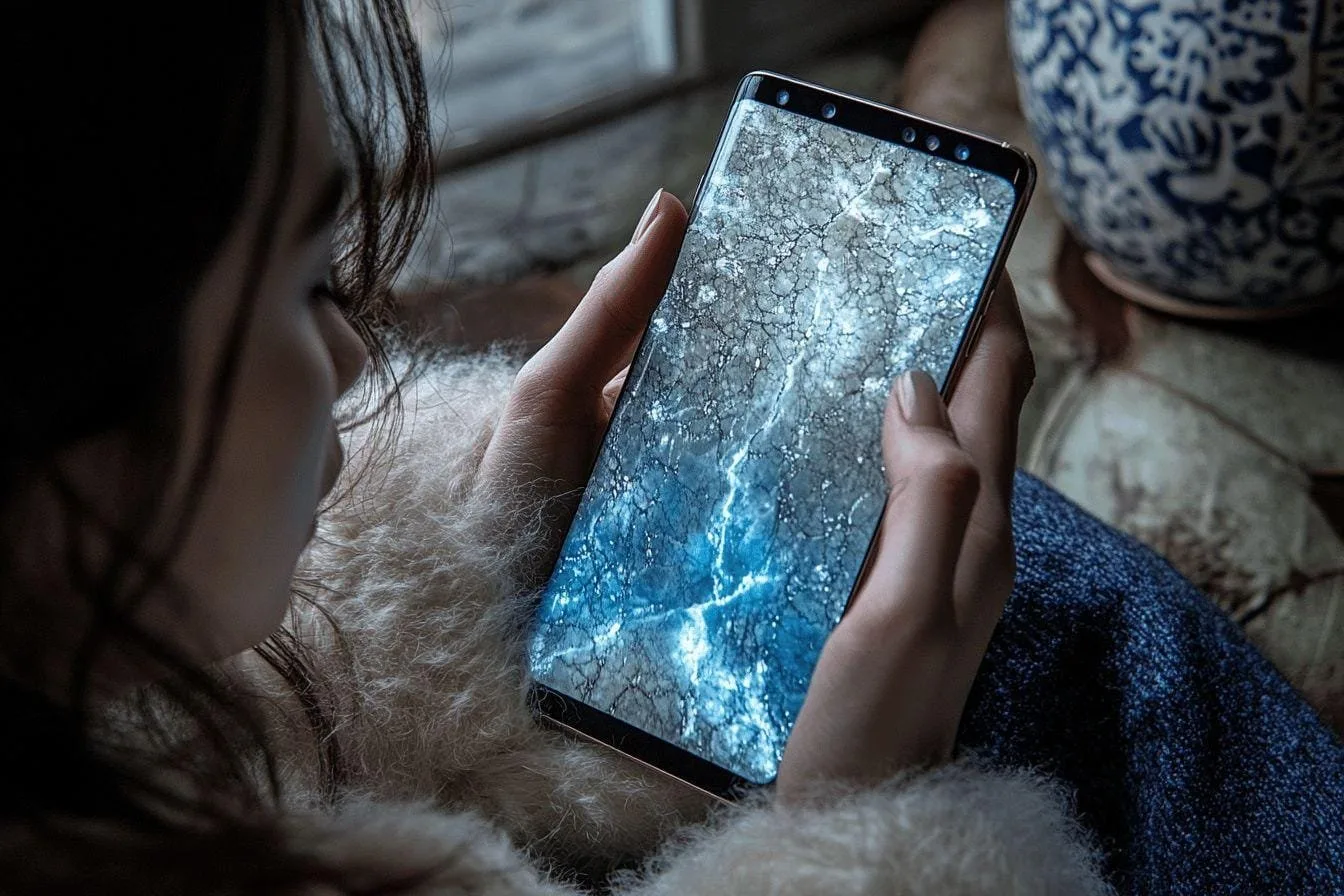 Main tenant un smartphone avec un écran bleu givré