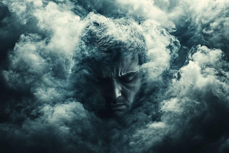 Visage mélancolique entouré de fumée dense et brumeuse