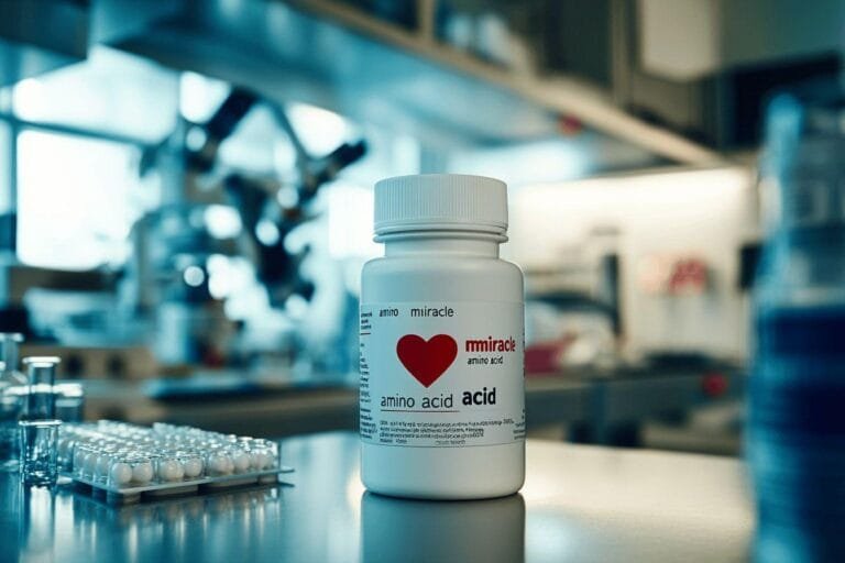 Bouteille blanche avec cœur rouge sur fond de laboratoire