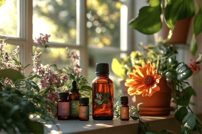 Bouteilles d'huiles essentielles près de fleurs et plantes vertes