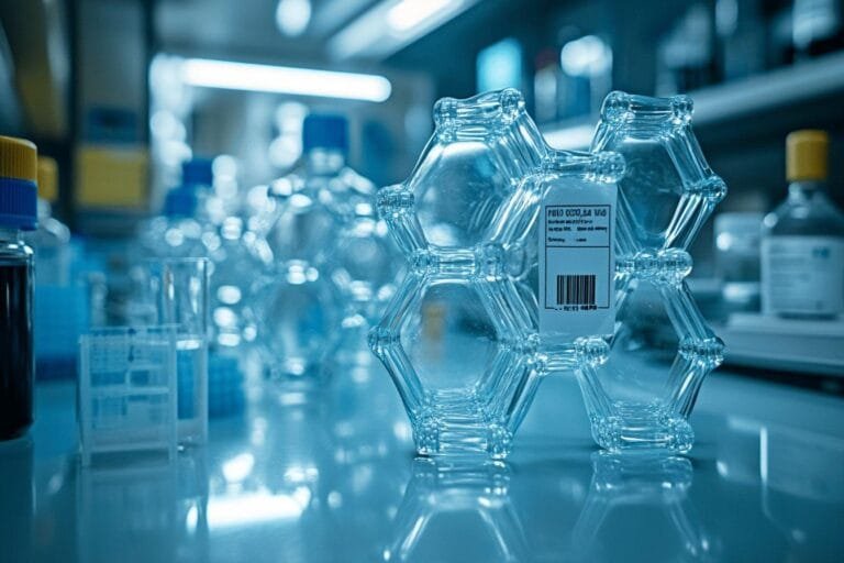 Flacons hexagonaux transparents avec étiquettes dans un laboratoire