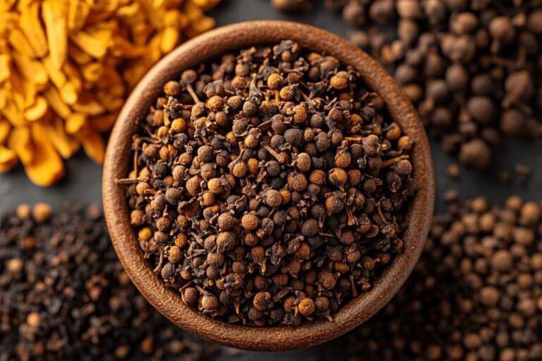 Graines de poivre brunes entassées dans un bol rustique