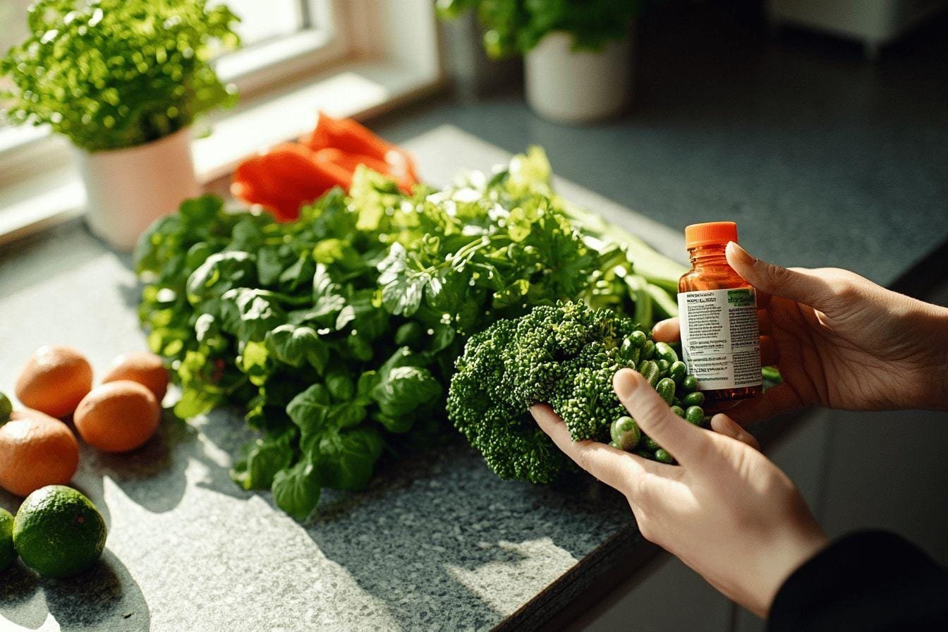 Brocoli, œufs et bouteille de supplément sur un comptoir de cuisine