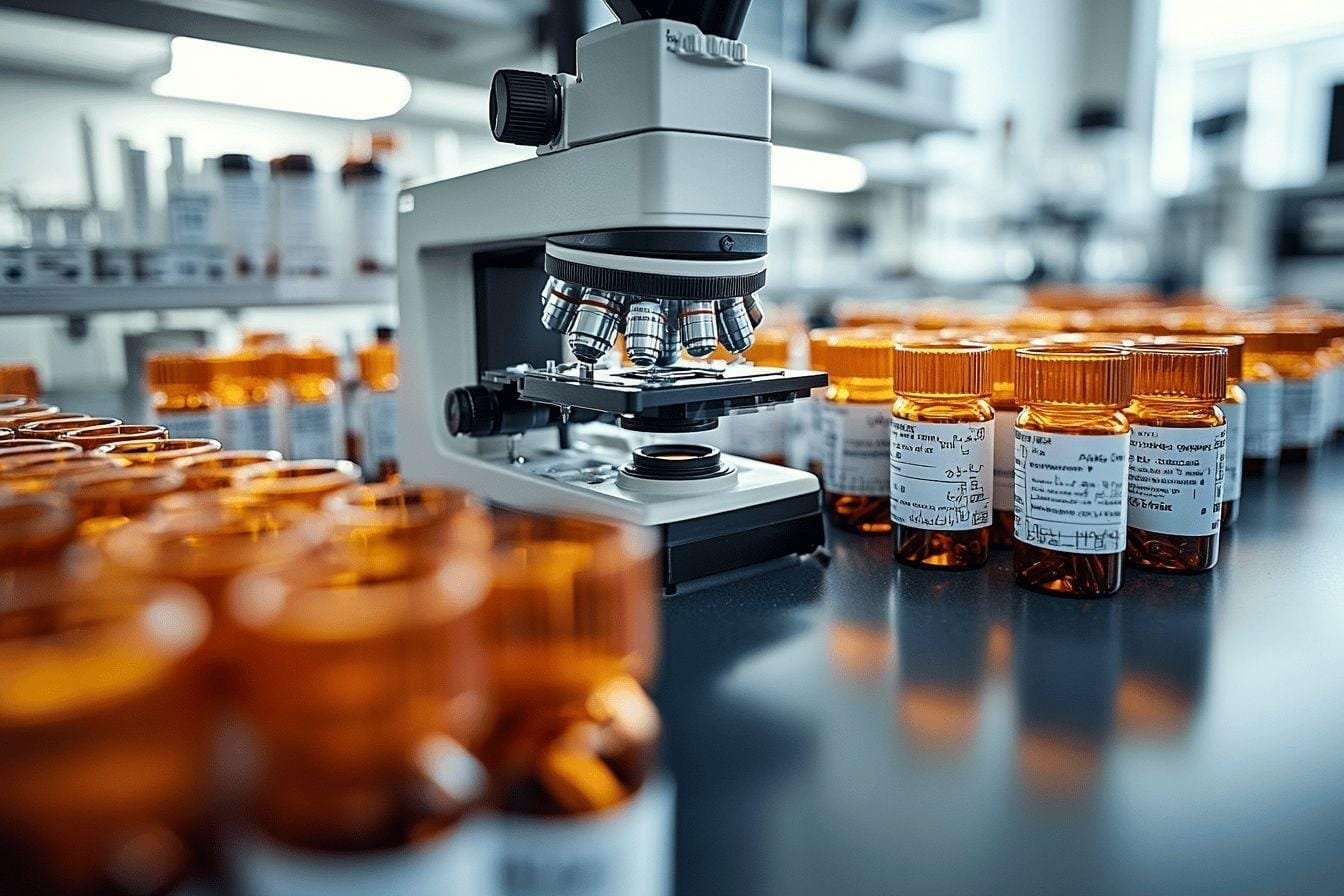 Microscope moderne entouré de flacons ambrés dans un laboratoire