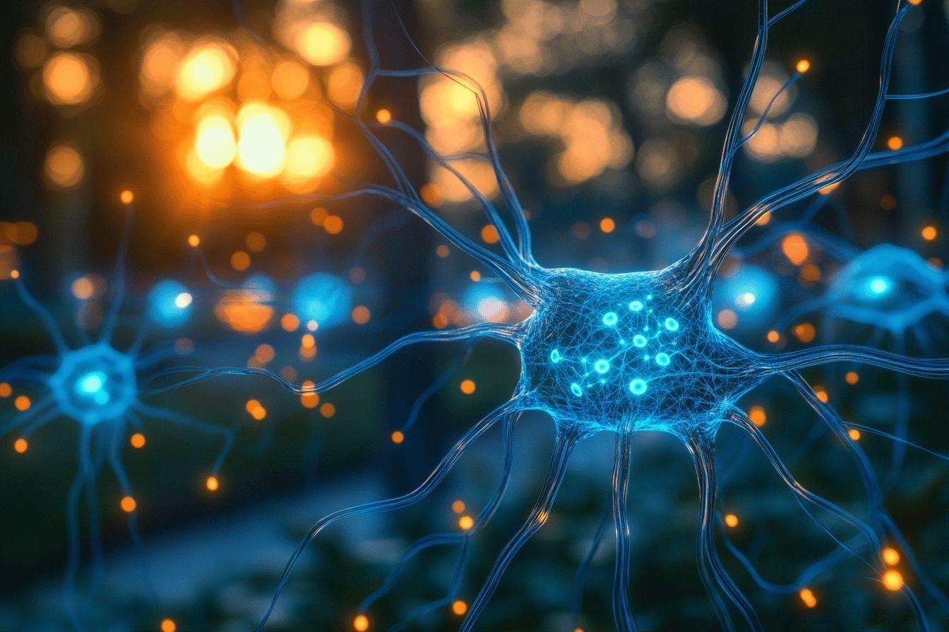 Cellule neuronale bleue avec connexions lumineuses orange