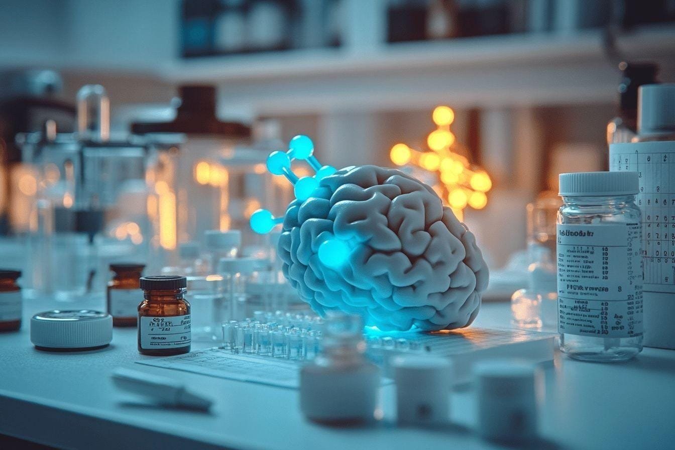 Modèle de cerveau lumineux entouré de flacons de laboratoire