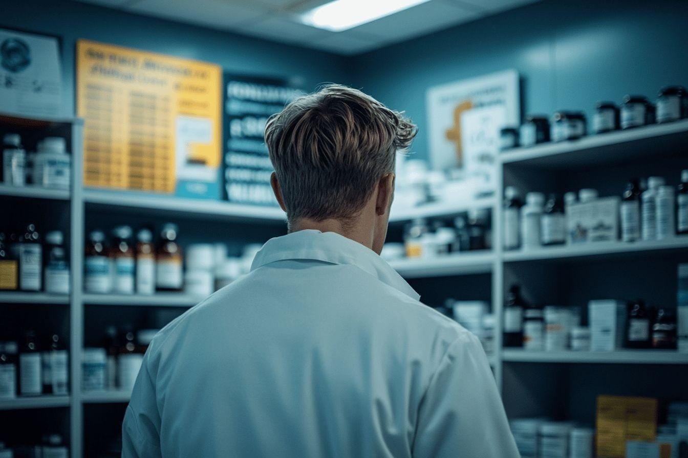 Dos d'un professionnel de santé parmi des étagères de médicaments