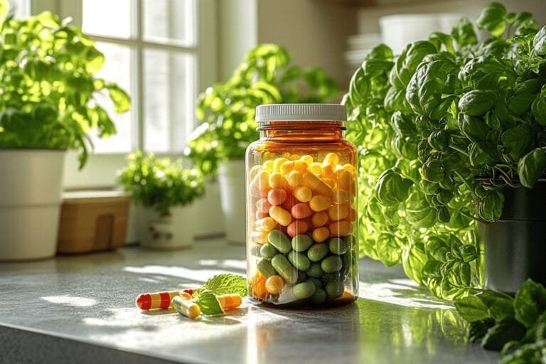 Bocal de compléments alimentaires multicolores près de plantes vertes