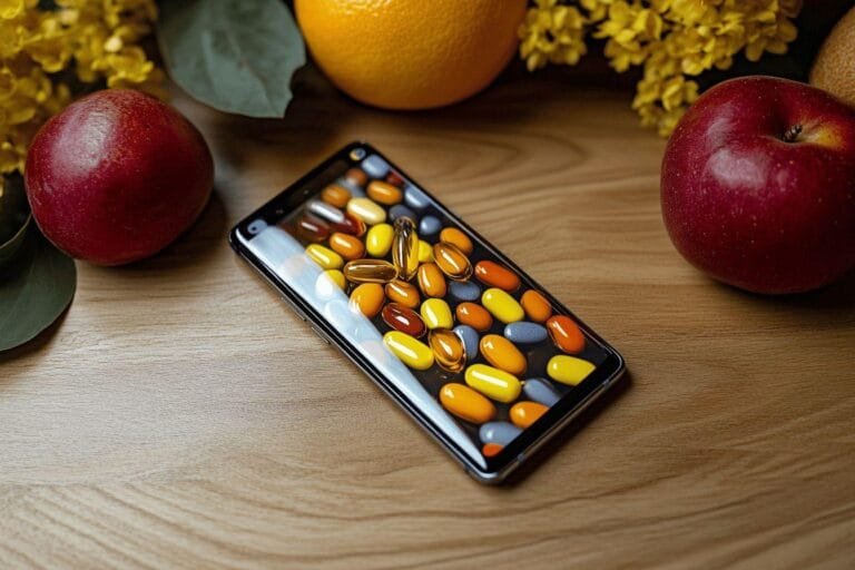 Comprimés jaunes, oranges et gris disposés sur un écran de téléphone