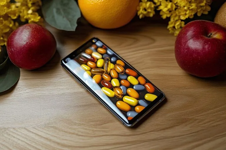 Comprimés jaunes, oranges et gris disposés sur un écran de téléphone