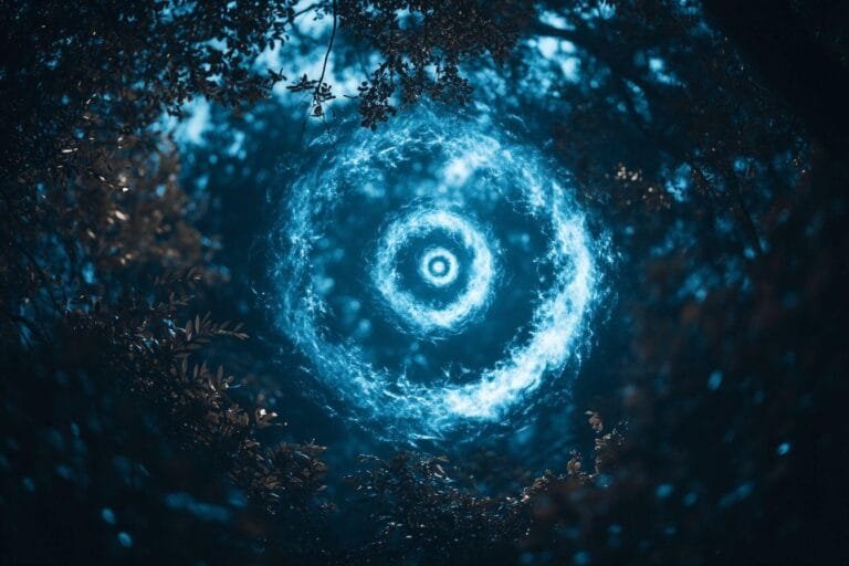 Anneau lumineux bleu flottant entre des branches sombres