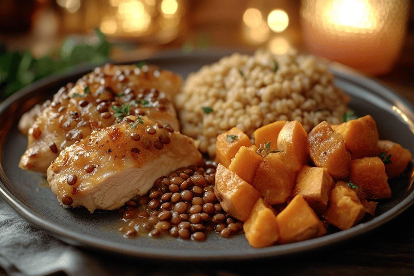 Assiette de poulet glacé, lentilles et cubes de courge