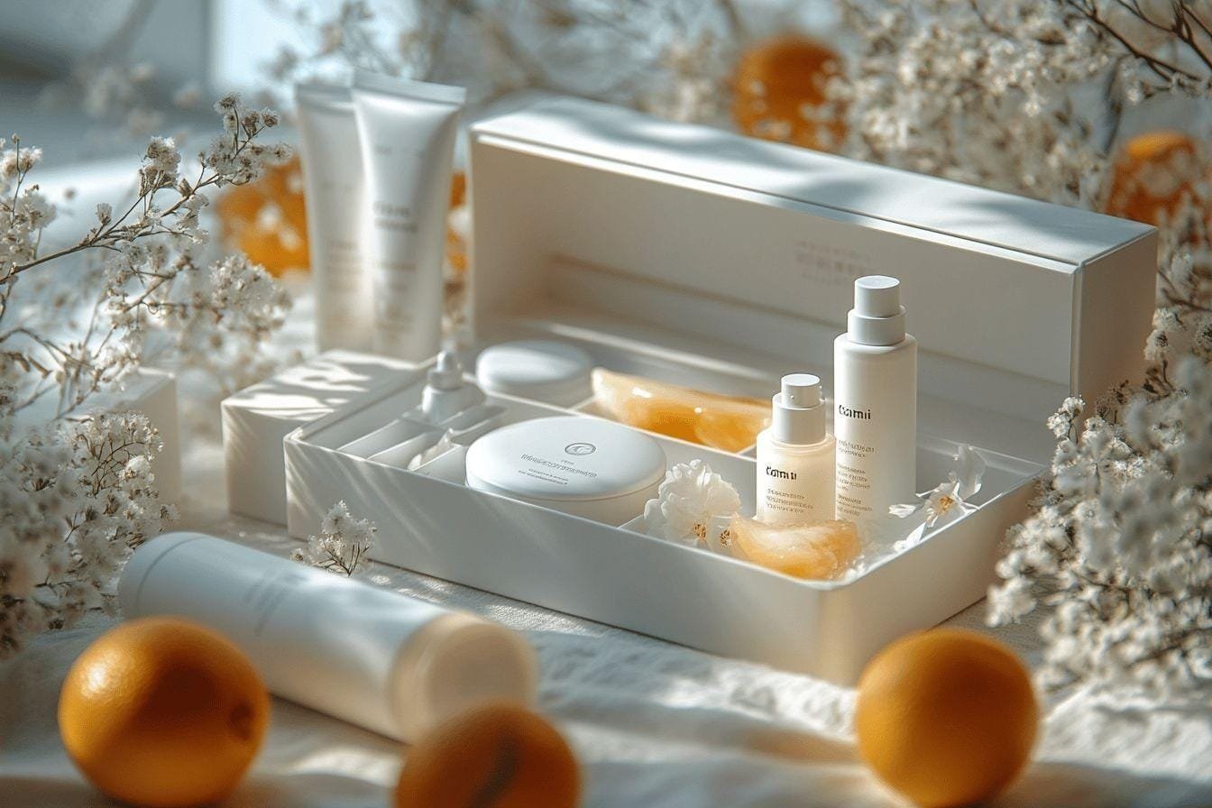 Coffret cosmétique blanc avec oranges et fleurs délicates