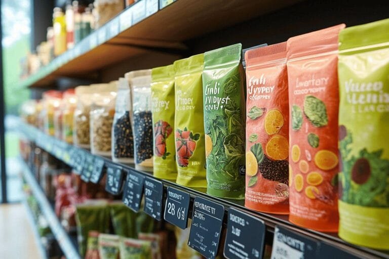 Étagères avec des sachets de nourriture colorés et étiquetés
