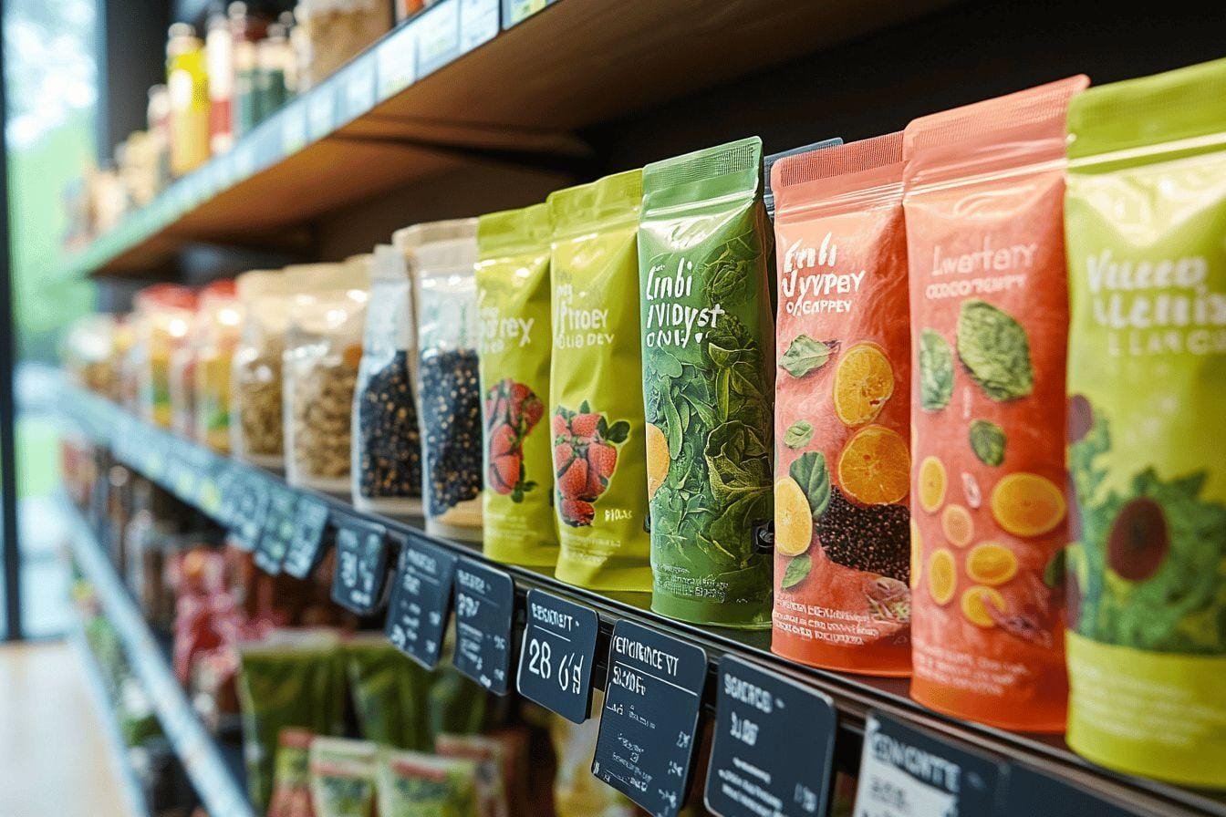 Étagères avec des sachets de nourriture colorés et étiquetés