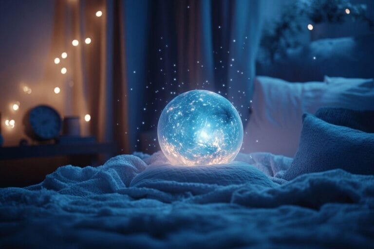 Boule lumineuse brillante sur un tissu bleu doux