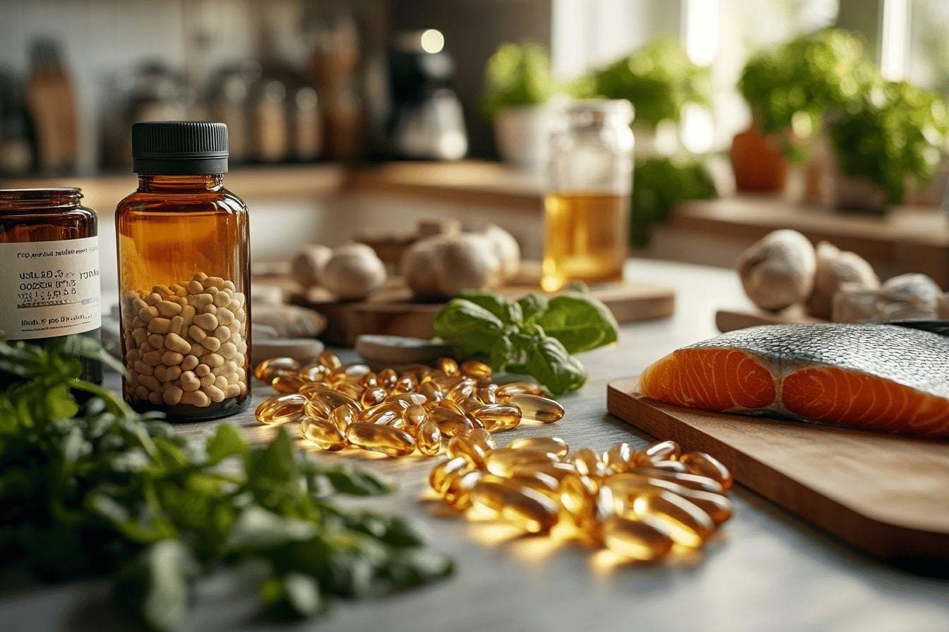 Capsules dorées, saumon, herbes et bouteilles sur plan de travail