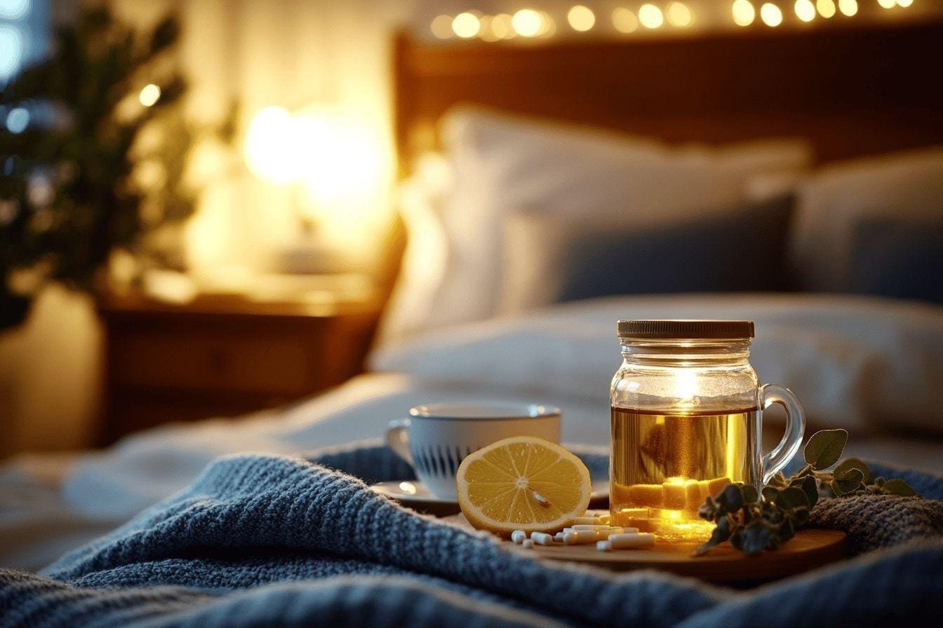 Tasse de thé, citron et couverture douce sur un lit