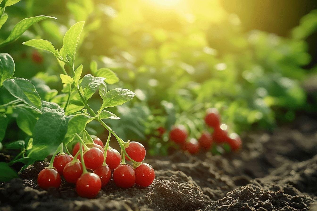Grappes de tomates rouges brillantes sur plante verte