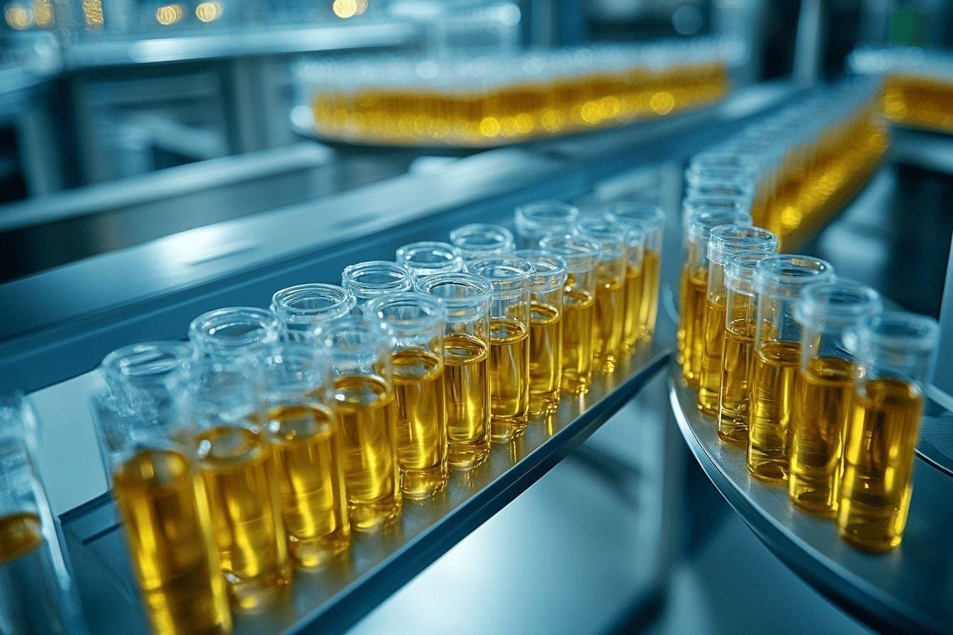 Rangées de tubes en verre avec liquide jaune doré
